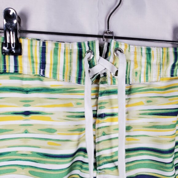 Izod Board Shorts Yellow Green Blue Stripe 3 Pockets Swim Trunks Mesh Men Sz M - Picture 4 of 10